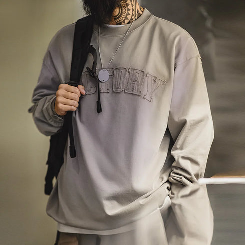 Vintage Gradient Letter Patch Hoodie – Washed Loose Fit Round Neck Casual Top